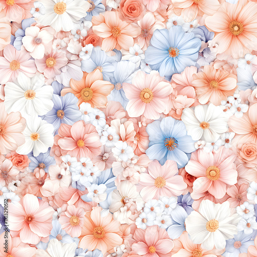 Floral flowers and beautiful colorful leaves wallpaper seamless pattern for interior decoration or background.