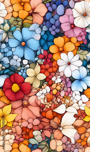 Floral flowers and beautiful colorful leaves wallpaper seamless pattern for interior decoration or background.