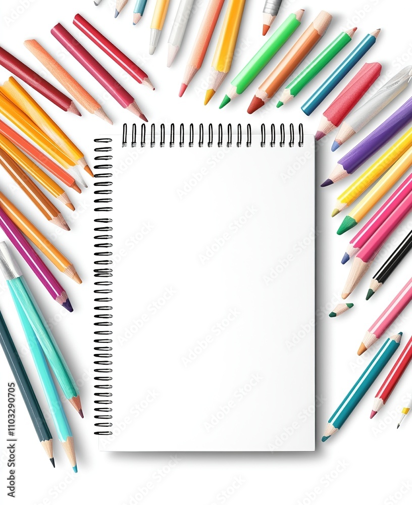 Blank spiral notebook surrounded by colorful pencils arranged neatly on a white background, ready for drawing Blank spiral notebook surrounded by colorful pencils arranged neatly on a white background, ready for drawing