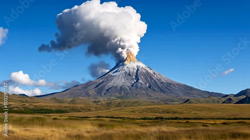 A large volcano with a cloud of smoke rising from it. The sky is clear and blue. The volcano is in the middle of a field