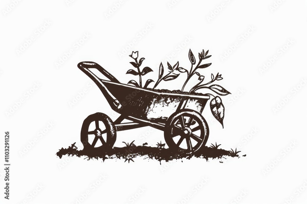 Wheelbarrow logo, garden cart symbol, minimal gardening drawing, growing young sprouts, eco plant Wheelbarrow logo, garden cart symbol, minimal gardening drawing, growing young sprouts, eco plant