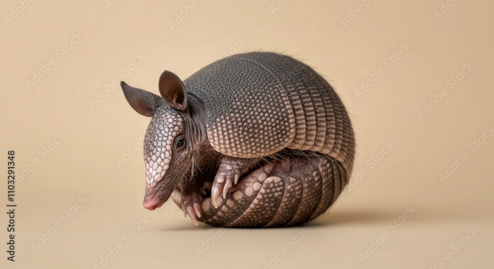 Armadillo in rest mode against beige background for wildlife photography and nature studies Armadillo in rest mode against beige background for wildlife photography and nature studies