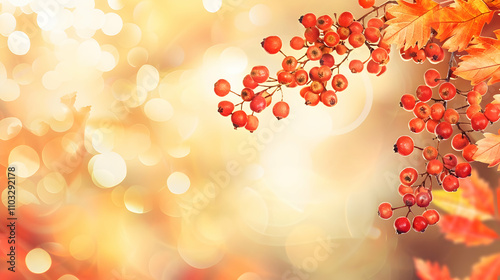 A branch of rowan on an autumn blurred background.