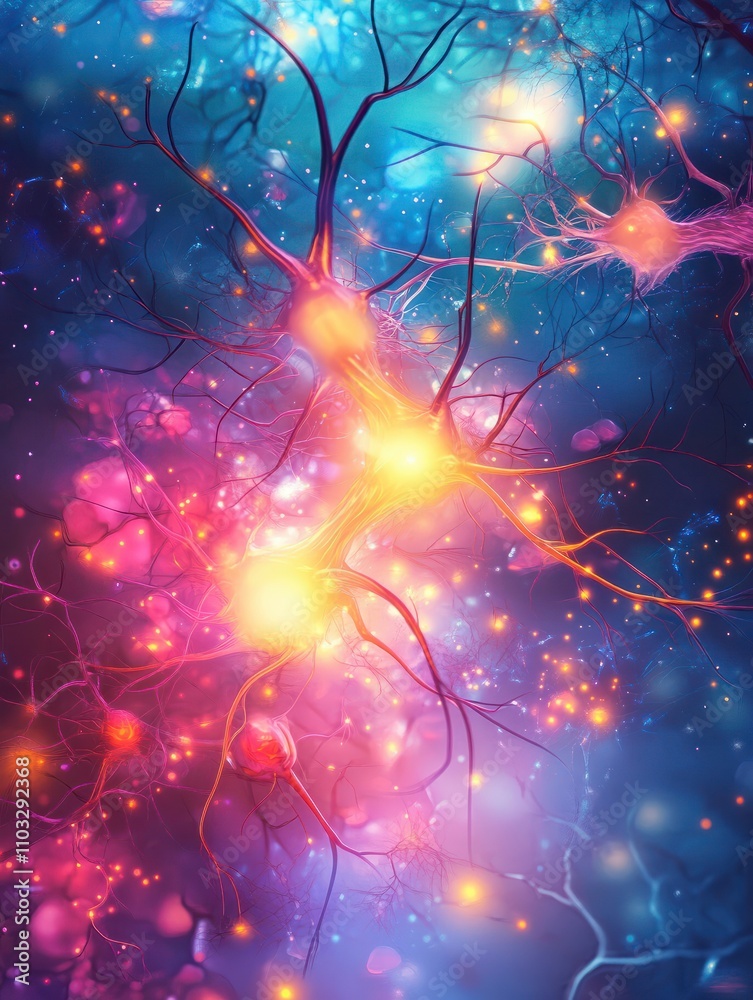 Illustration of a nerve cell on a colored background with light effects Illustration of a nerve cell on a colored background with light effects