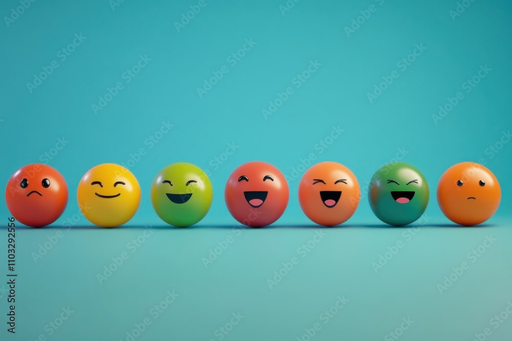 A row of colorful, smiling, and frowning faces are lined up on a blue background A row of colorful, smiling, and frowning faces are lined up on a blue background