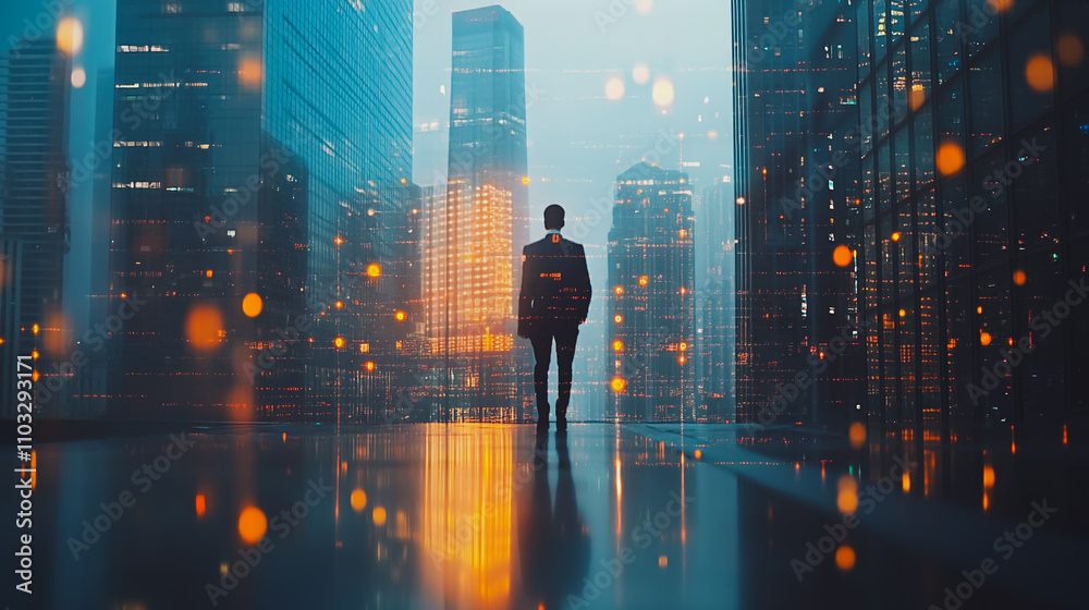 Abstract business man stands on the peak of success amid tall, innovative Smart city and graphs with statistics to analyze business potential and predict future developments in company growth. Abstract business man stands on the peak of success amid tall, innovative Smart city and graphs with statistics to analyze business potential and predict future developments in company growth.