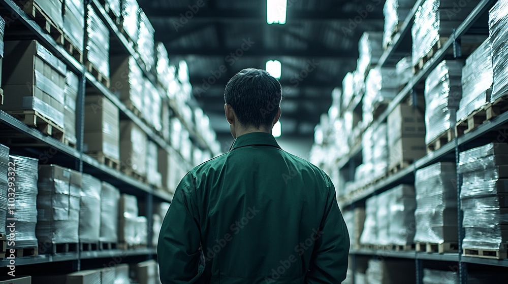 Dedicated Worker in Green Uniform Amid Busy Warehouse Environment, Emphasizing Teamwork and Focus Photography Dedicated Worker in Green Uniform Amid Busy Warehouse Environment, Emphasizing Teamwork and Focus Photography