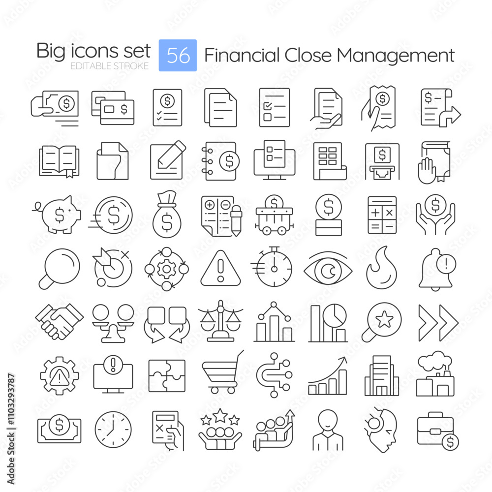 Financial close management linear icons set. Cash flow, business accounting. Corporate, banking. Customizable thin line symbols. Isolated vector outline illustrations. Editable stroke