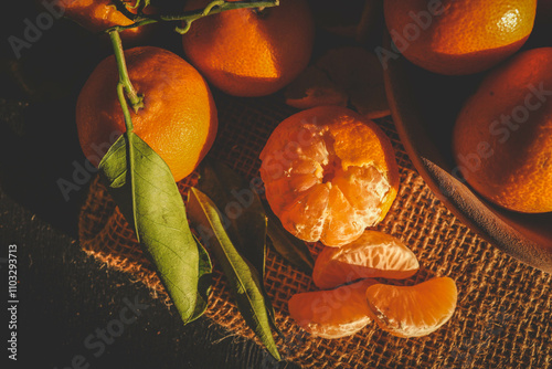 Rustic still life of peeled and whole tangerines on a burlap background, illuminated by warm natural light. Perfect for food photography, seasonal visuals, and organic themes photo