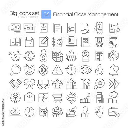 Financial close management linear icons set. Cash flow, business accounting. Corporate, banking. Customizable thin line symbols. Isolated vector outline illustrations. Editable stroke