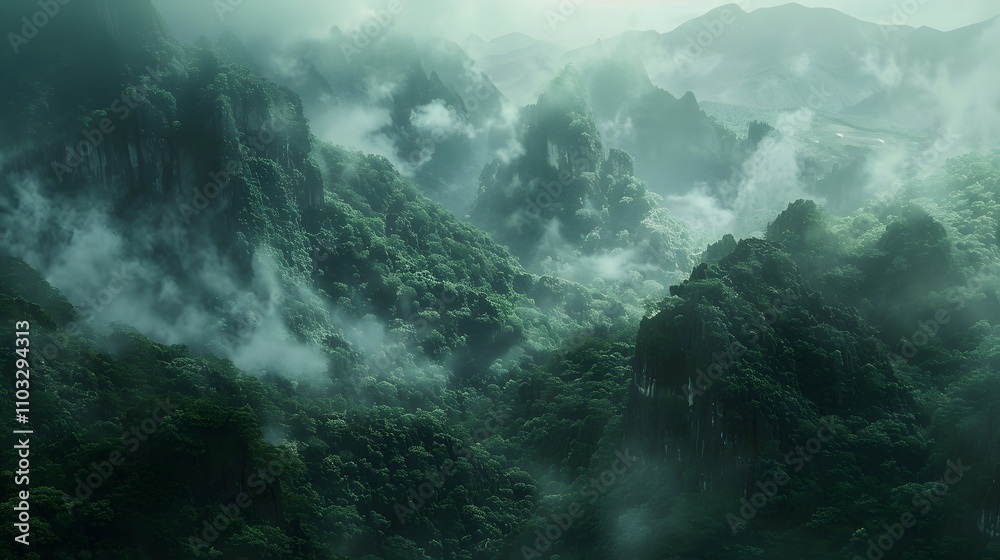 Misty Mountains Cloaked In Lush Green Forest Misty Mountains Cloaked In Lush Green Forest