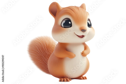 3d render of squirrel  isolated on transparent background. png. clipart. Adorable 3D cartoon squirrel with big eyes and fluffy tail, standing, perfect for children illustrations and animal theme photo