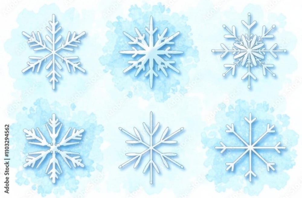 Delicate watercolor snowflakes in different designs showcase the beauty of winter against a soft blue backdrop, creating a serene atmosphere. Generative AI Delicate watercolor snowflakes in different designs showcase the beauty of winter against a soft blue backdrop, creating a serene atmosphere. Generative AI