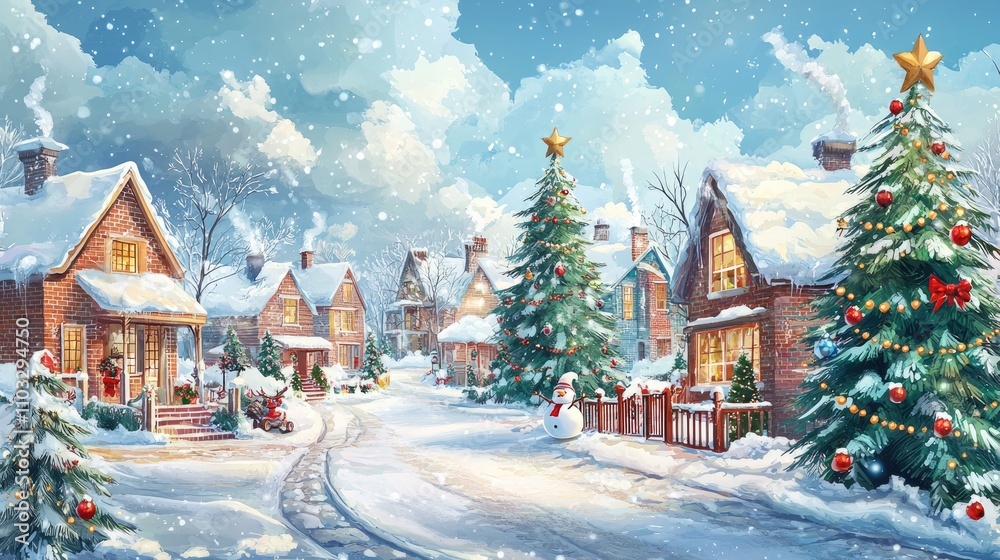 A Snowy Christmas Town with Decorated Trees and a Snowman A Snowy Christmas Town with Decorated Trees and a Snowman
