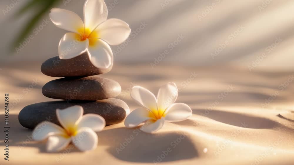 White plumeria flowers are gracefully placed on a stack of smooth gray stones on a sandy beach, creating a serene spa atmosphere with warm sunset light filtering through palm leaves White plumeria flowers are gracefully placed on a stack of smooth gray stones on a sandy beach, creating a serene spa atmosphere with warm sunset light filtering through palm leaves
