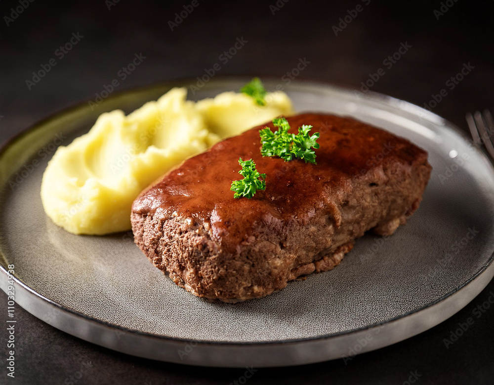 Delicious meatloaf served with mashed potatoes in restaurant