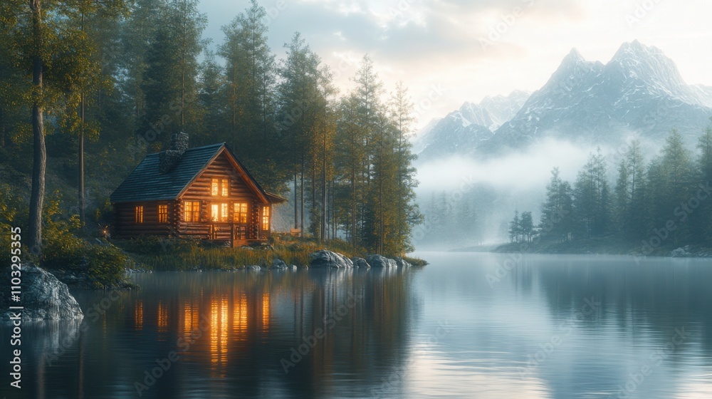 Fototapeta premium Peaceful riverside cabin in a scenic natural setting, surrounded by lush greenery and tranquil waters, ideal for relaxation and escape