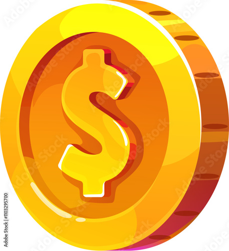 Golden dollar coin game asset. Isolated cartoon vector circular Usa currency made of gold alloy, featuring iconic American symbol. Money, reward, bonus, golden coin with dollar sign embossed on it
