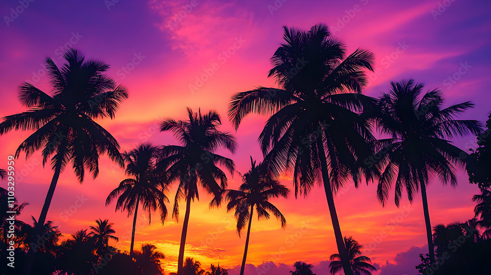 Vibrant Sunset Silhouettes Palm Trees Against A Colorful Sky, Creating A Tropical Atmosphere. Generative AI Vibrant Sunset Silhouettes Palm Trees Against A Colorful Sky, Creating A Tropical Atmosphere. Generative AI