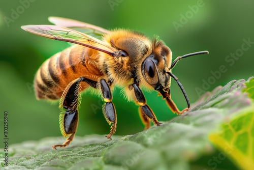 A detailed closeup of a honeybee perched on a vibrant green leaf.