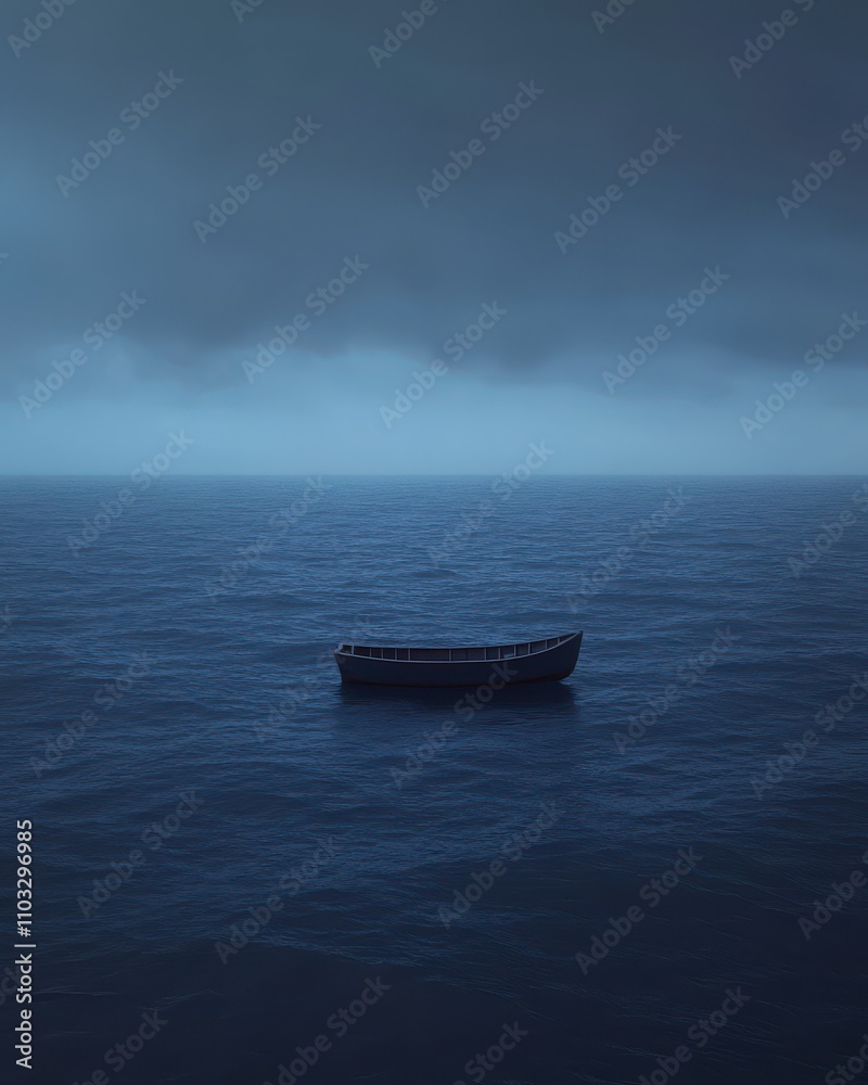 Serene Solitude of a Small Boat on Calm Waters Beneath a Moody Sky at Dusk, Evoking Reflection, Peace, and Contemplation in Nature's Embrace Serene Solitude of a Small Boat on Calm Waters Beneath a Moody Sky at Dusk, Evoking Reflection, Peace, and Contemplation in Nature's Embrace