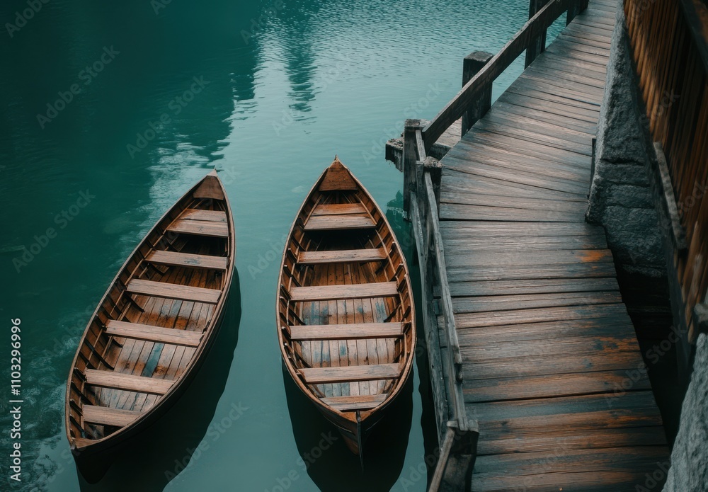 Serene Scene of Wooden Boats Moored by a Cozy Dock on Calm Waters Reflecting Trees and Shadows in a Tranquil Natural Setting Serene Scene of Wooden Boats Moored by a Cozy Dock on Calm Waters Reflecting Trees and Shadows in a Tranquil Natural Setting