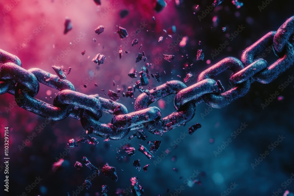 A chain is shown in a broken state, with the links scattered in the air A chain is shown in a broken state, with the links scattered in the air