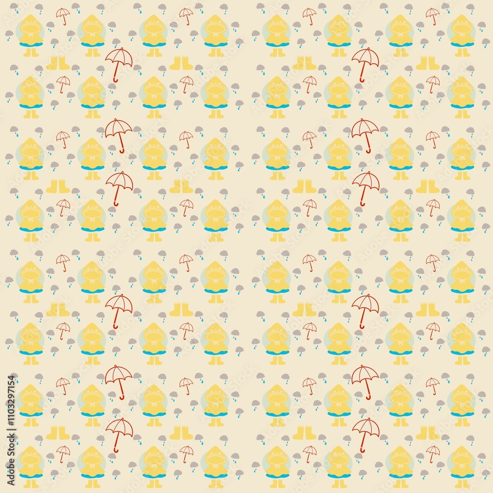 Seamless pattern of a cute yellow raincoat character, raindrops, clouds, boots, and red umbrellas on a beige background. Suitable for kids’ designs, textiles, wrapping paper, and weather-themed illust Seamless pattern of a cute yellow raincoat character, raindrops, clouds, boots, and red umbrellas on a beige background. Suitable for kids’ designs, textiles, wrapping paper, and weather-themed illust