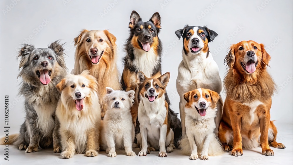 A Charming Assembly of Dogs Sitting Together Against a Pure White Background, Capturing Their Unique Personalities and Expressions in a Playful and Heartwarming Composition A Charming Assembly of Dogs Sitting Together Against a Pure White Background, Capturing Their Unique Personalities and Expressions in a Playful and Heartwarming Composition