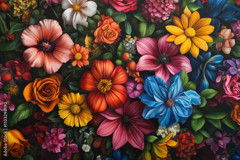 A painting of a field of flowers with a variety of colors A painting of a field of flowers with a variety of colors