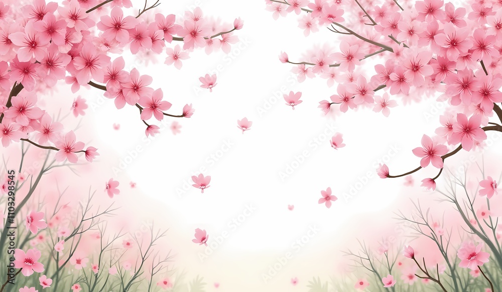 Fototapeta premium Cherry blossom branches with falling petals on soft background