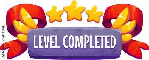 Level completed game asset icon, level up badge. Vector ui or gui interface element, reward popup golden stars with wings and red banner. Award bonus for mobile app, video or online game competition