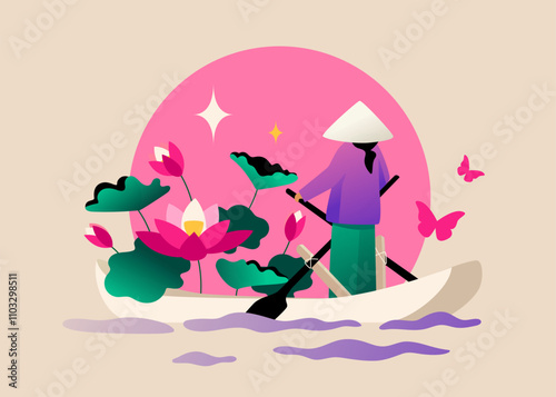 Vietnamese woman on a boat - modern colored vector illustration