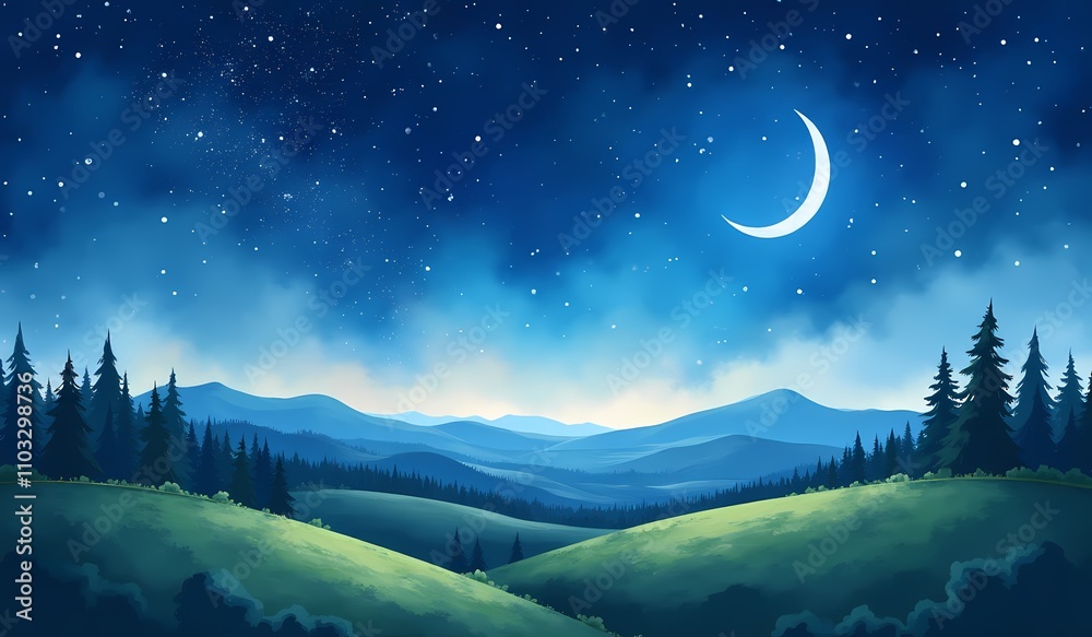 Fototapeta premium Crescent moon over serene forest and mountain valley