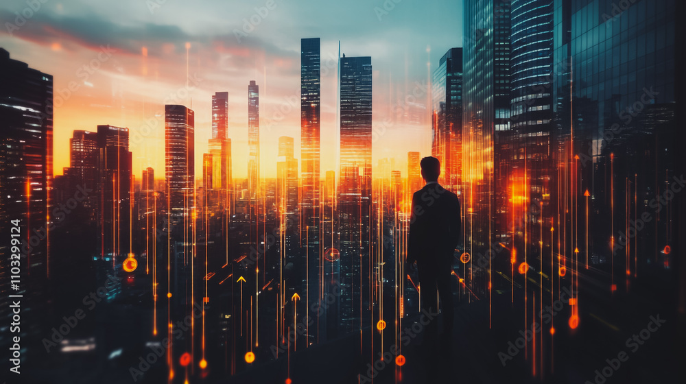 Abstract business man stands on the peak of success amid tall, innovative Smart city and graphs with statistics to analyze business potential and predict future developments in company growth.
Abstract business man stands on the peak of success amid tall, innovative Smart city and graphs with statistics to analyze business potential and predict future developments in company growth.