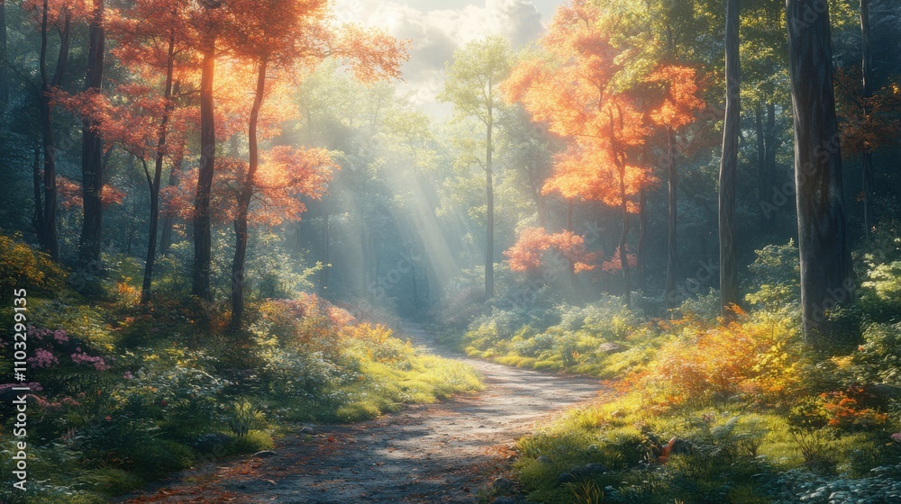 Obraz premium Beautiful scenic hiking trail through a peaceful forest, offering a tranquil escape into nature's lush surroundings