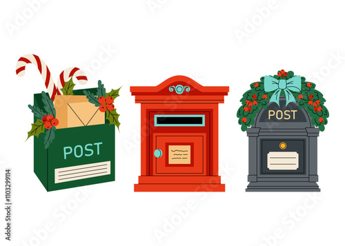 Set vector illustrations letterbox. Different boxes for letters. Christmas decor for cards, backgrounds, invitations, letters. 