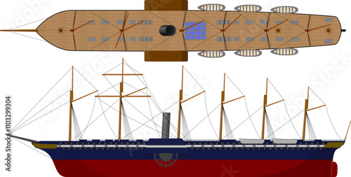 19th Century Paddle Steam Ocean Liner. Side and top profile of a paddle steamer from the 1800s. Isolated vector illustration.