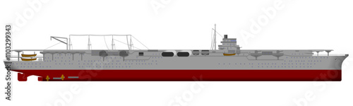 WW2 Japanese Aircraft Carrier. Side profile of a world war two era aircraft carrier similar in style to those used be the imperial japanese navy. Isolated vector illustration.