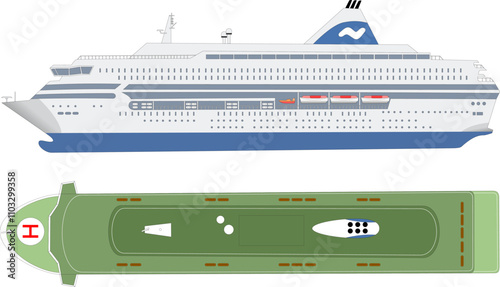 Ro-Ro Passenger Ferry. Side and top profile of a roll-on-roll-off passenger ferry. Isolated vector illustration.