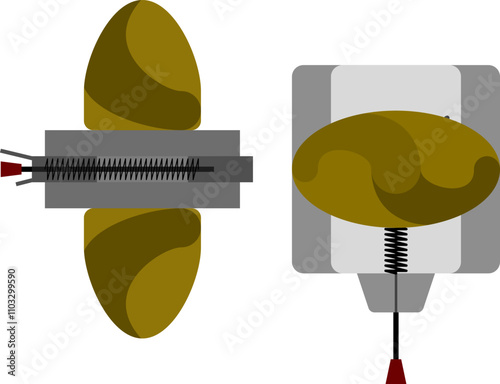 Semi Automatic Twist Lock. Front and top profile of a semi-automatic twist lock used for securing shipping containers on a ship. Isolated vector illustation.