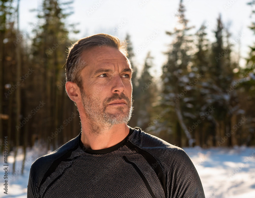 Mature male athlete looking focused and thinking in forest during winter Mature male athlete looking focused and thinking in forest during winter