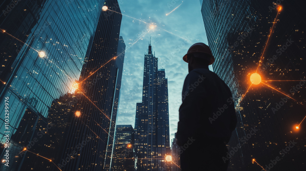 Abstract business man stands on the peak of success amid tall, innovative Smart city and graphs with statistics to analyze business potential and predict future developments in company growth.
Abstract business man stands on the peak of success amid tall, innovative Smart city and graphs with statistics to analyze business potential and predict future developments in company growth.