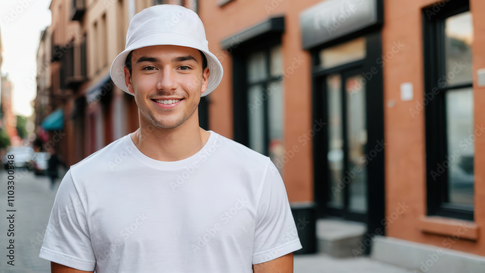 Young man wearing white t-shirt and white bucket hat standing on the street Young man wearing white t-shirt and white bucket hat standing on the street