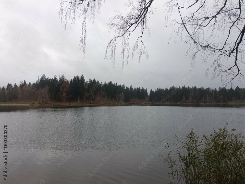 Bubiai lake during cloudy day. Lake with small waves. Cloudy day with white and gray clouds in sky. Nature. Bubiu ezeras. Bubiai lake during cloudy day. Lake with small waves. Cloudy day with white and gray clouds in sky. Nature. Bubiu ezeras.