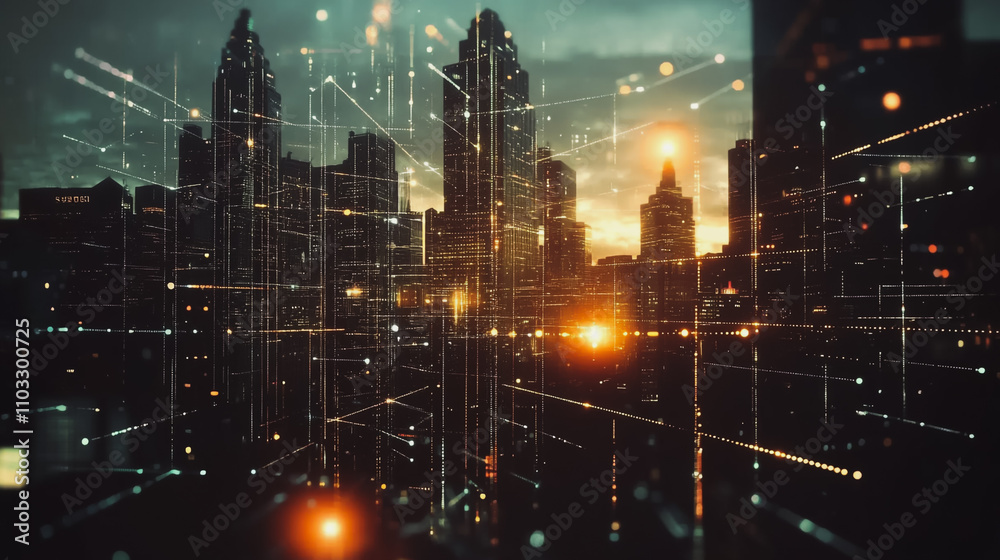 Obraz premium Smart digital city with connection cyber security network reciprocity over the cityscape . future smart wireless digital city and social media networking systems that connects people within the city