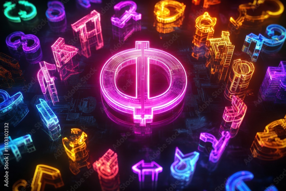 Fototapeta premium A colorful image of letters and numbers with a pink X in the middle