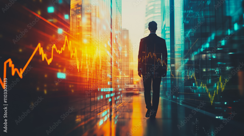 Abstract business man stands on the peak of success amid tall, innovative Smart city and graphs with statistics to analyze business potential and predict future developments in company growth. Abstract business man stands on the peak of success amid tall, innovative Smart city and graphs with statistics to analyze business potential and predict future developments in company growth.