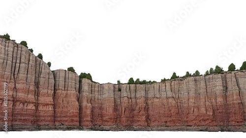Dramatic cliff face with layered rock formations and sparse vegetation transparent background