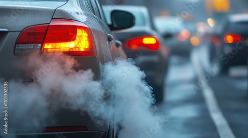 Cars lined up in gridlock with visible exhaust